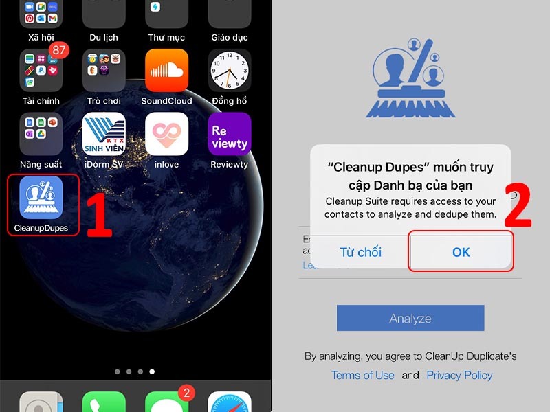 Xóa danh bạ trên iPhone trên app Cleanup Duplicate Contacts bước 1
